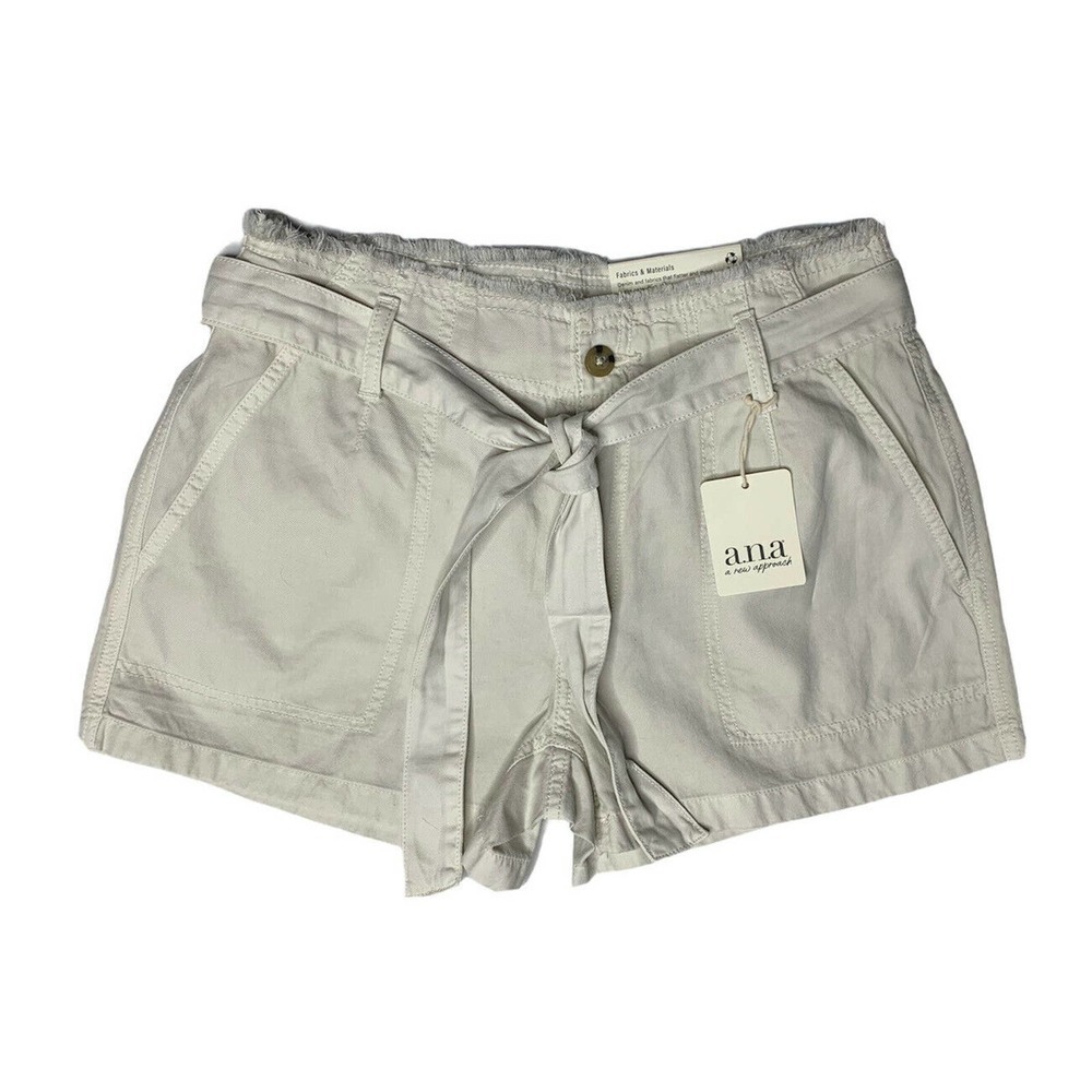 NEW a.n.a. High Rise Tan Khaki Chino Shorts with Pockets Tie Belt Frayed Waist 4